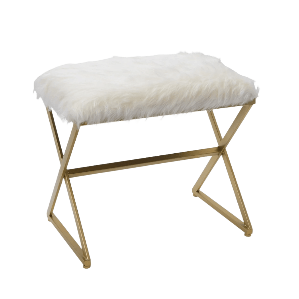 X Leg White Faux Fur Stool - Gold