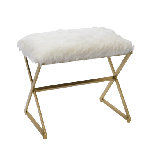 X Leg White Faux Fur Stool - Gold