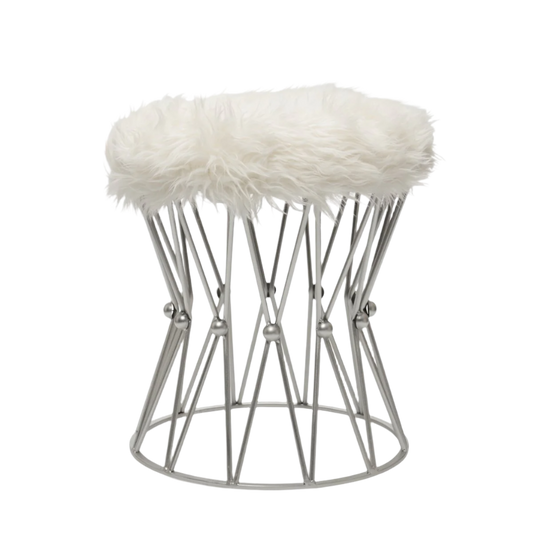 Zendaya Silver White Faux Fur Stool