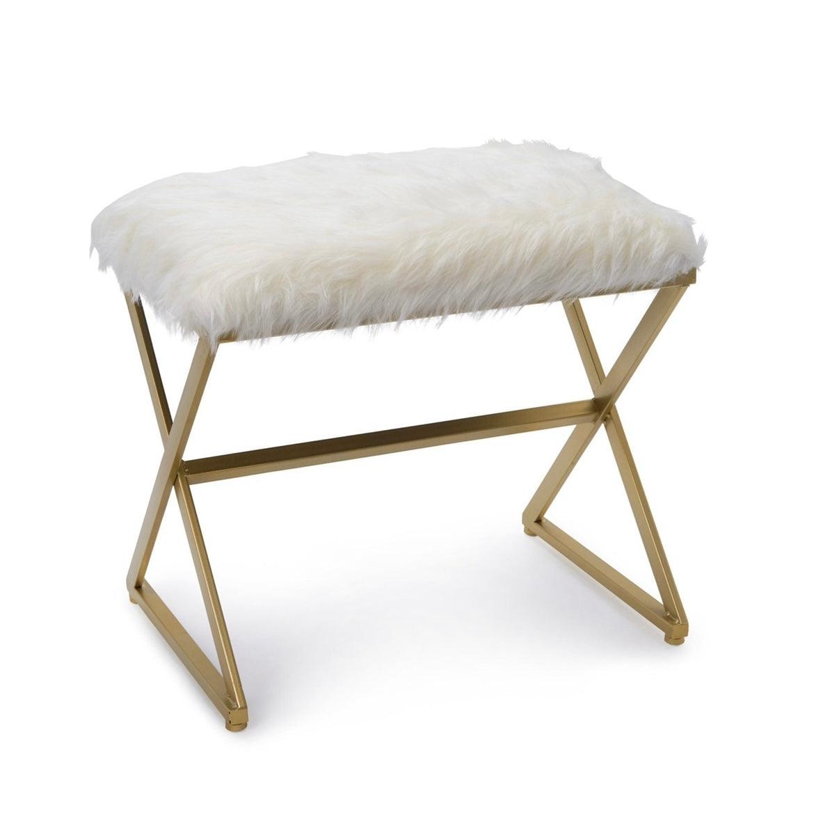 X Leg White Faux Fur Stool - Gold