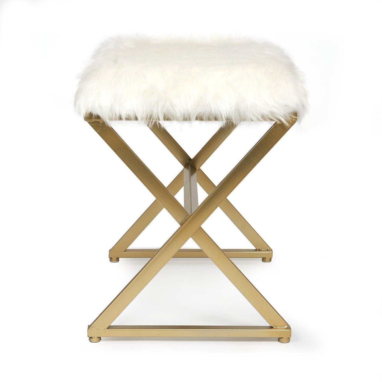 X Leg White Faux Fur Stool - Gold - Luvo Store